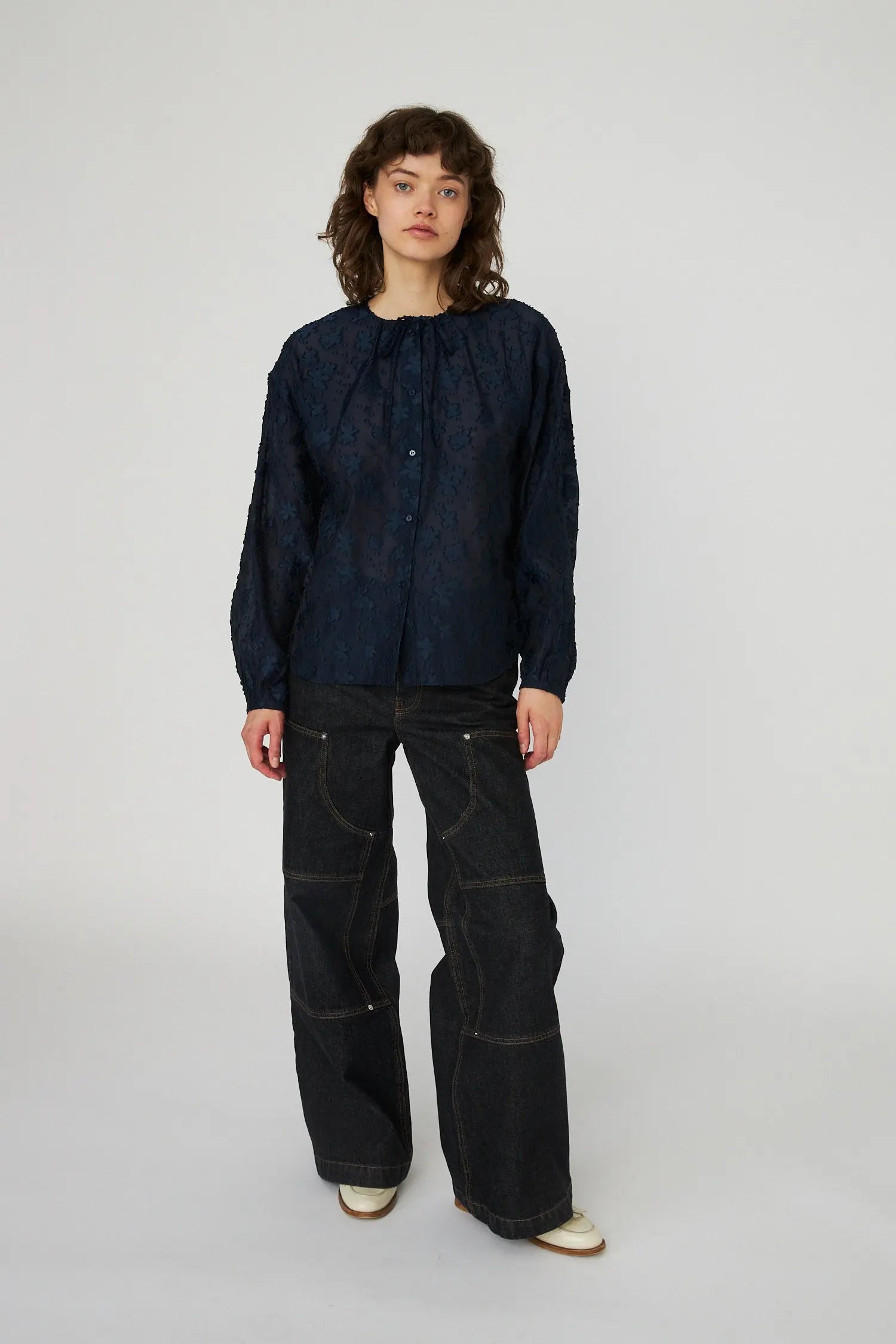 Stella Nova Flower Jacquard Loose Shirt Shirt 395 Navy