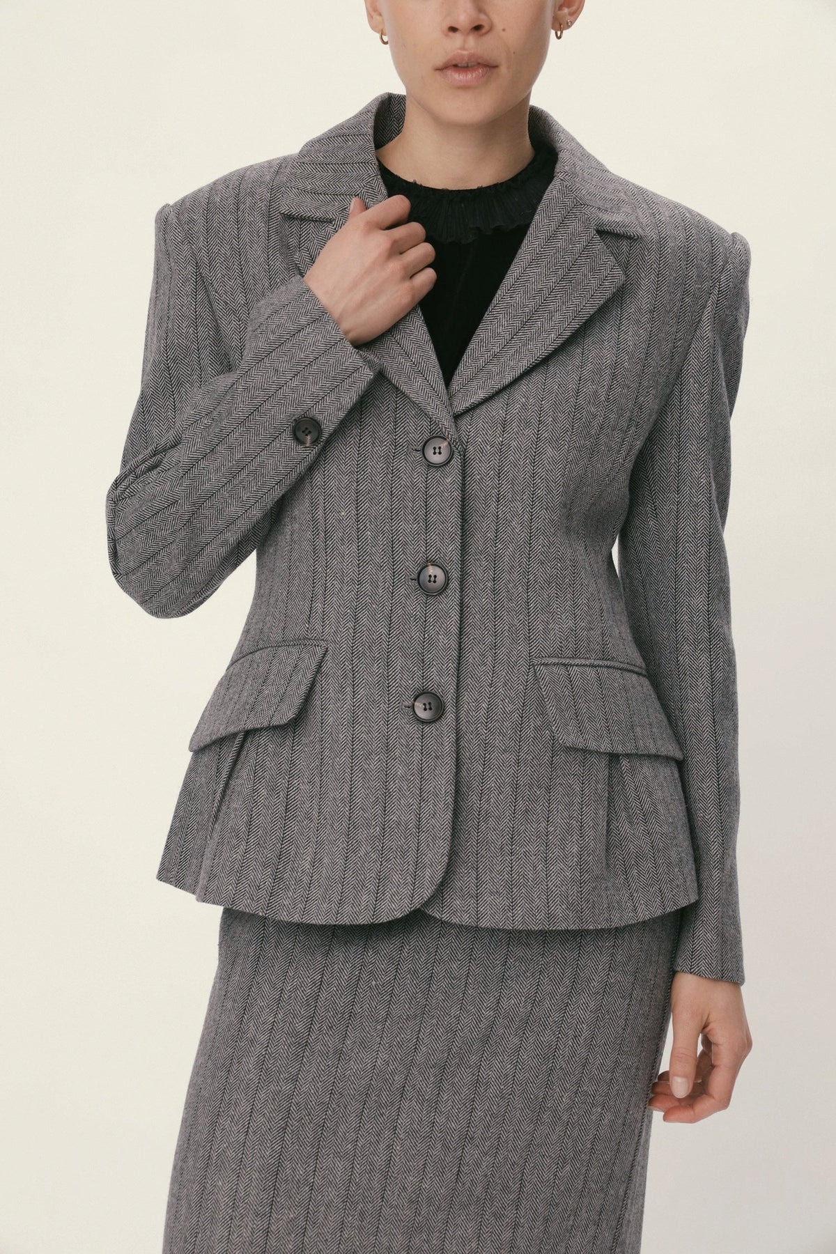 Stella Nova Herringbone Wool Blazer Blazer 954 Dark Grey Mélange