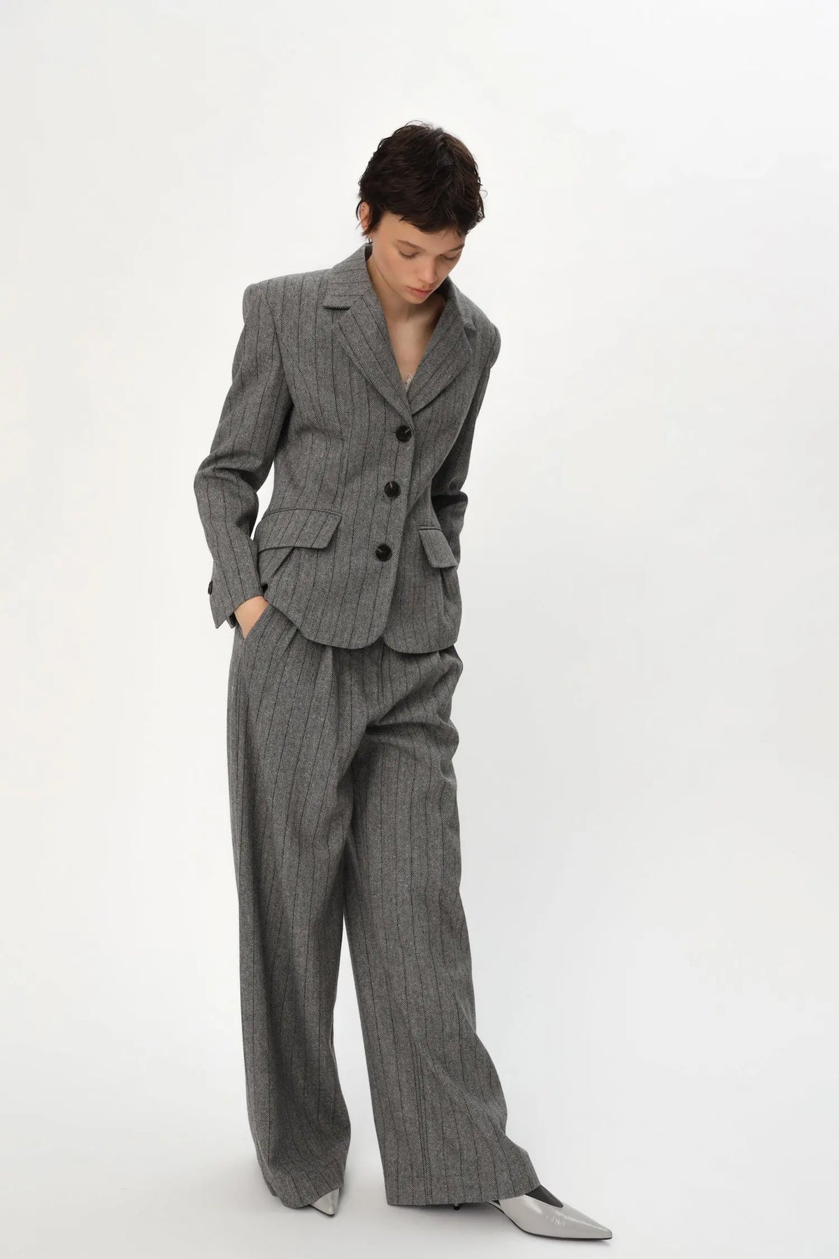 Stella Nova Herringbone Wool Pants Pants 954 Dark Grey Mélange