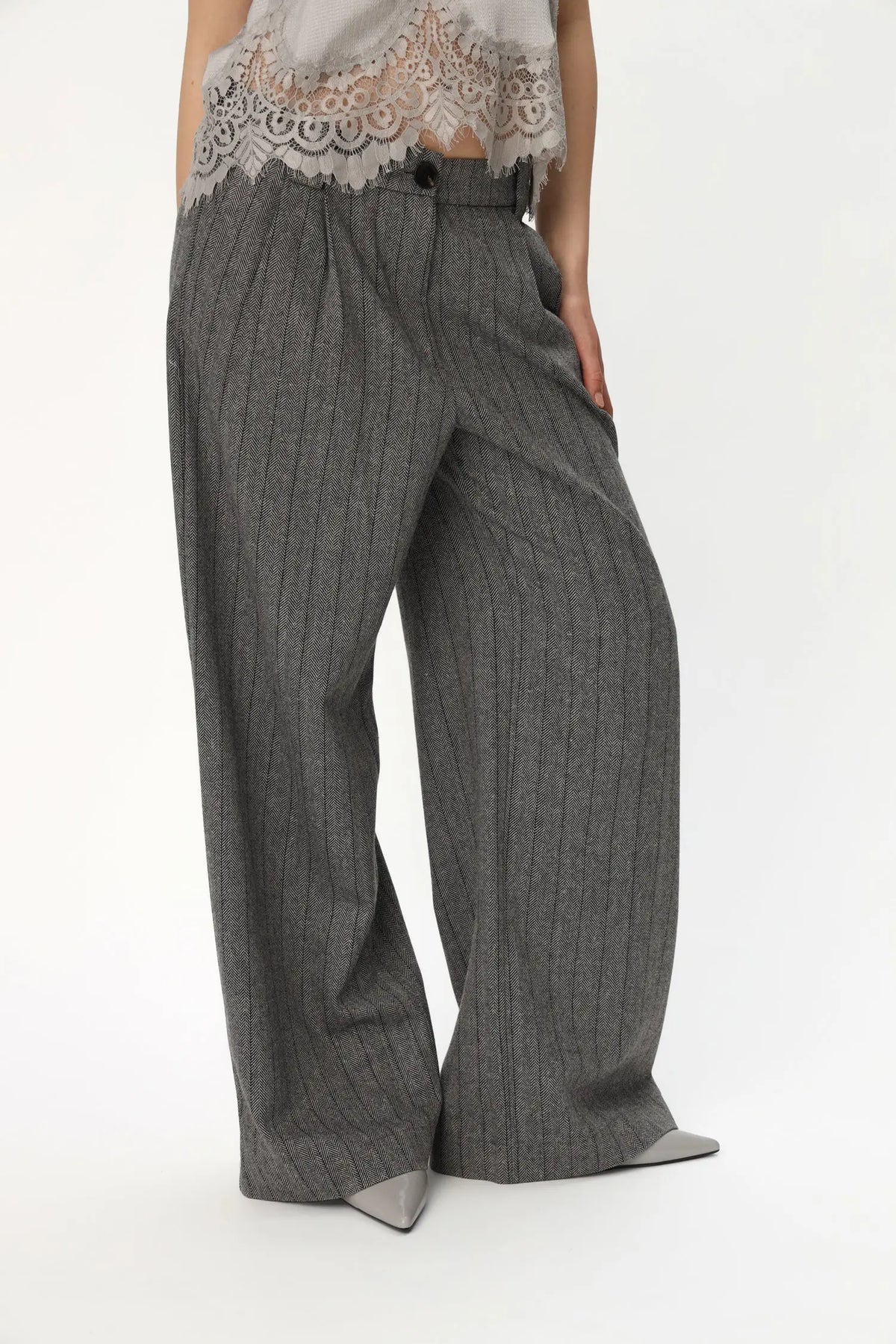 Stella Nova Herringbone Wool Pants Pants 954 Dark Grey Mélange