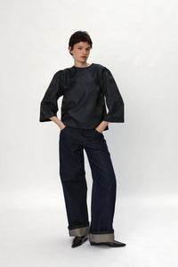 Jacquard Woven Blouse - Dark Ocean Black