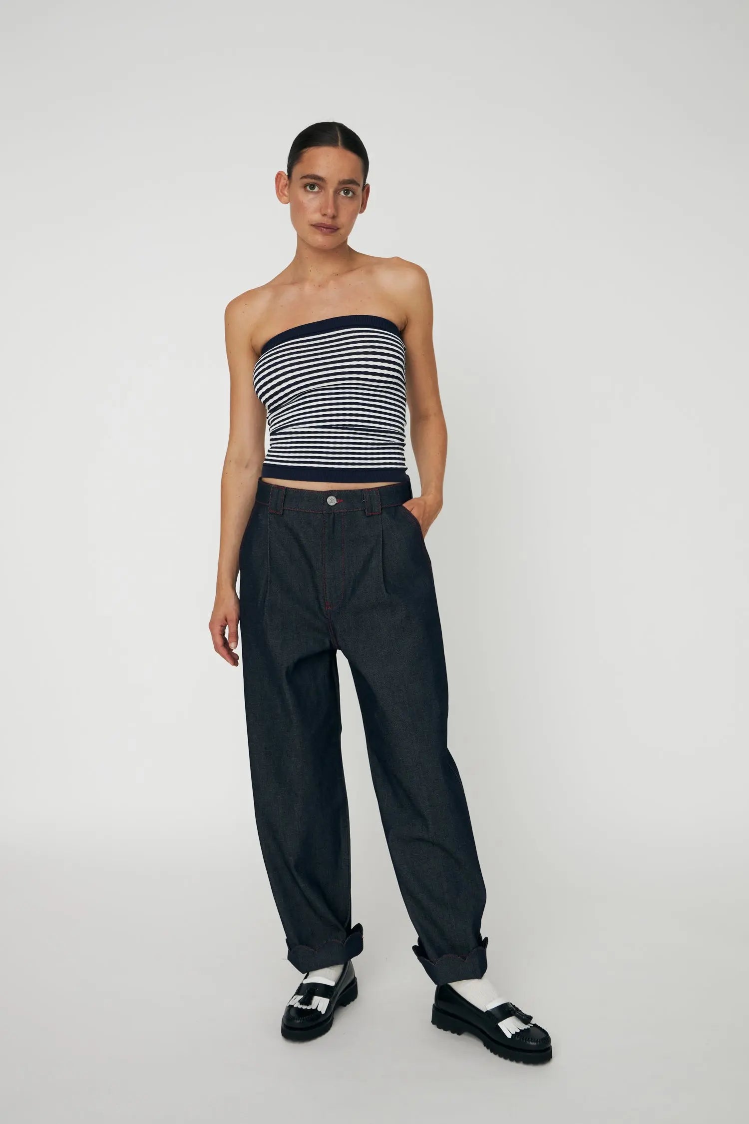 Knit Tube Top - Navy /Creme