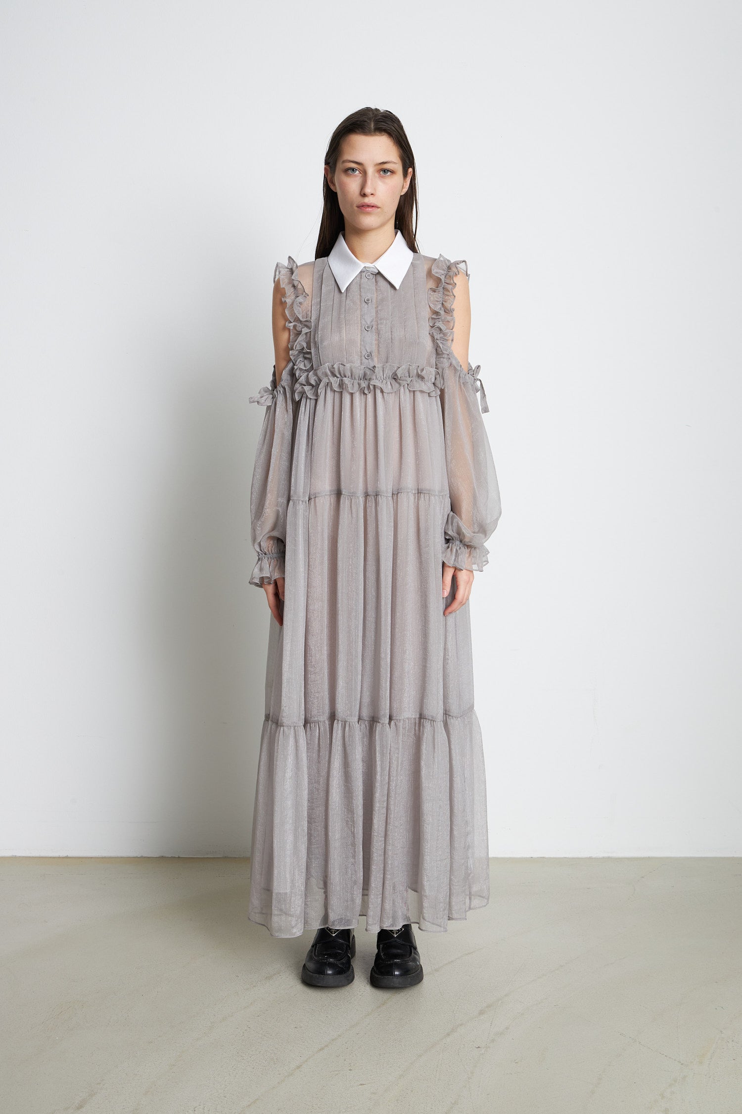 Stella Nova Long dress with shirt collar Dress 876 Pearl Grey