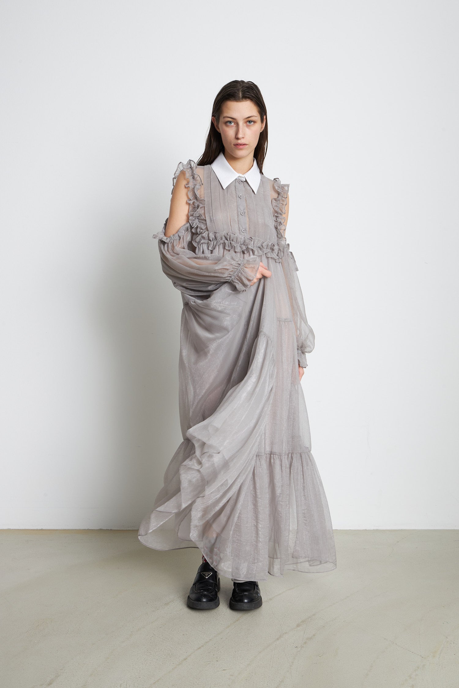 Stella Nova Long dress with shirt collar Dress 876 Pearl Grey