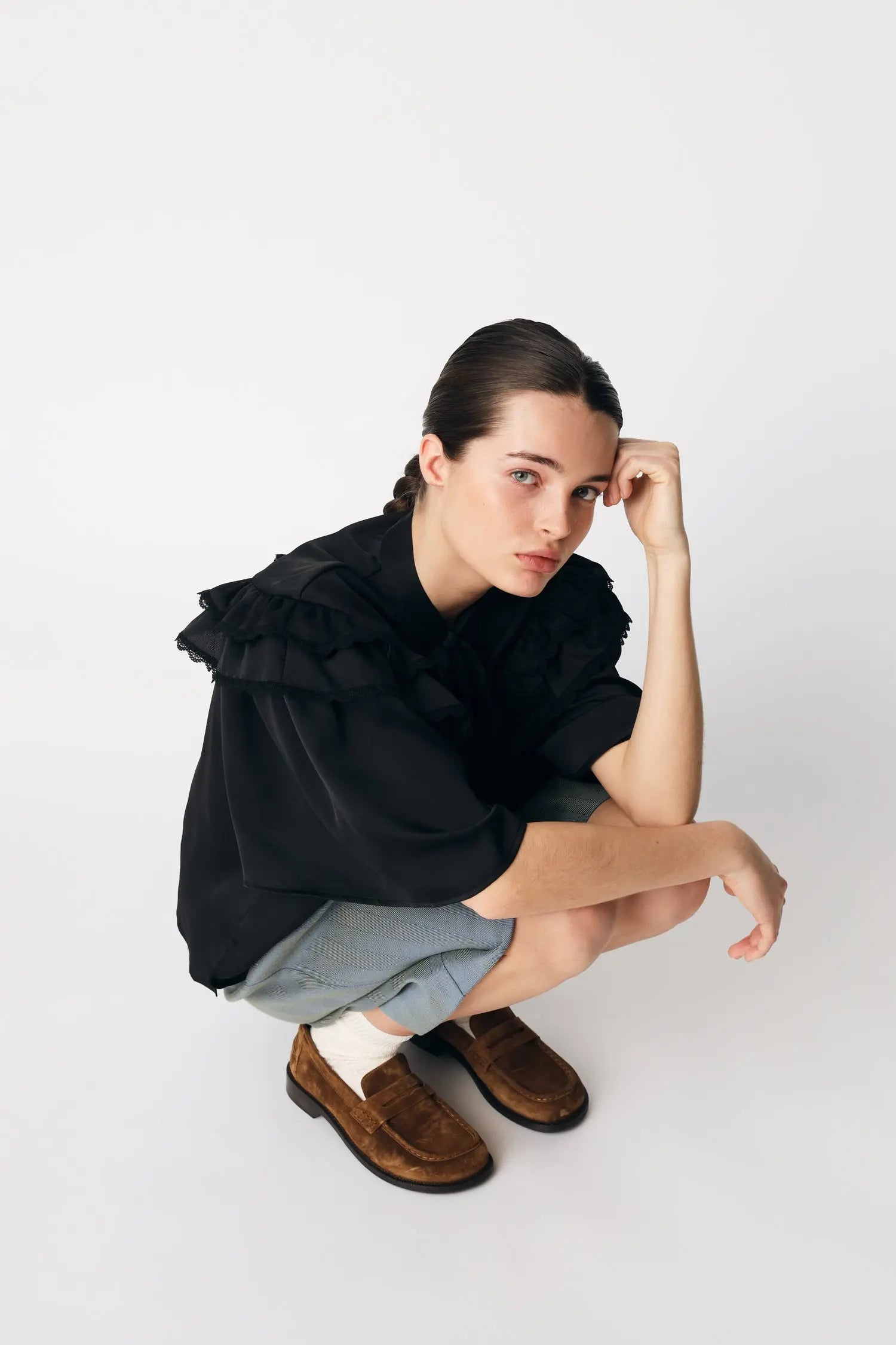 Loose Blouse with Frills - Black