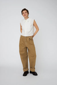 Low-Waist Cotton Pants with Scallop Edge - Dark Sand