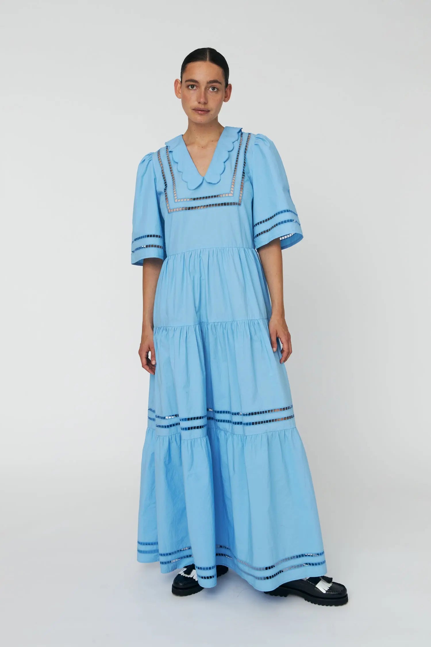 blue maxi dress short sleeve Maxi Dress with Short Sleeves and Artworks
