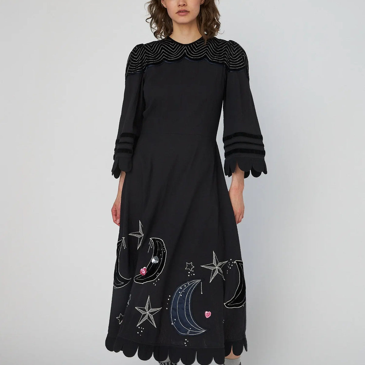 Moon and Star Embroidered Midi Dress - Black Moon and Star Embroidered Midi Dress - Black