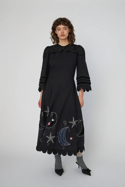 Moon and Star Embroidered Midi Dress - Black
