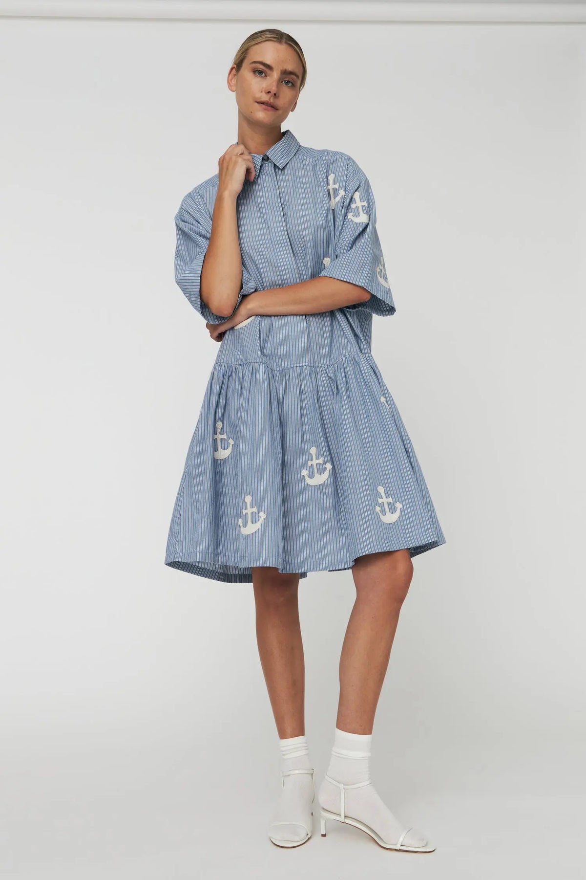 Oversized Dress with embroidered Anchor - Blue Stripes