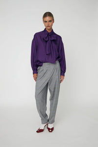 Oversized Silk Shirt with Bow - Seductive Purple