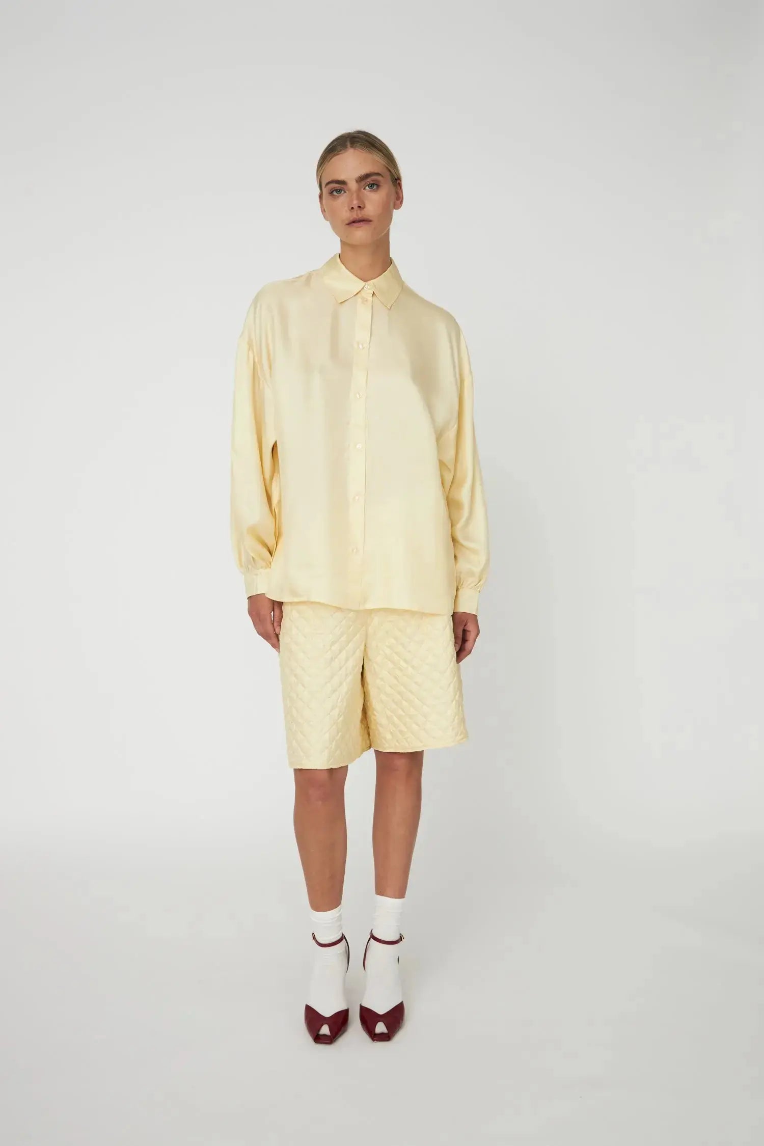 Stella Nova Oversized Silk Shirt with Bow Shirt 133 Soft Yellow
