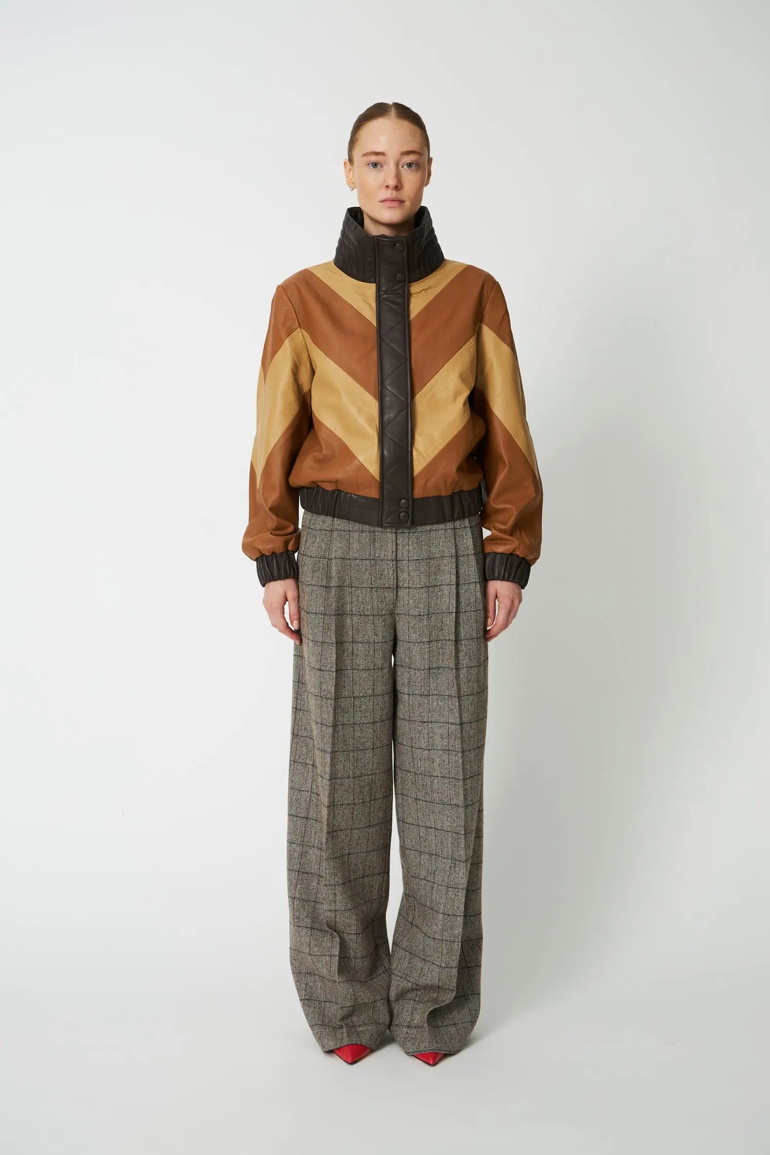 Stella Nova Patchwork Leather Bomber Jacket Leather Jacket 846 Brown Mix