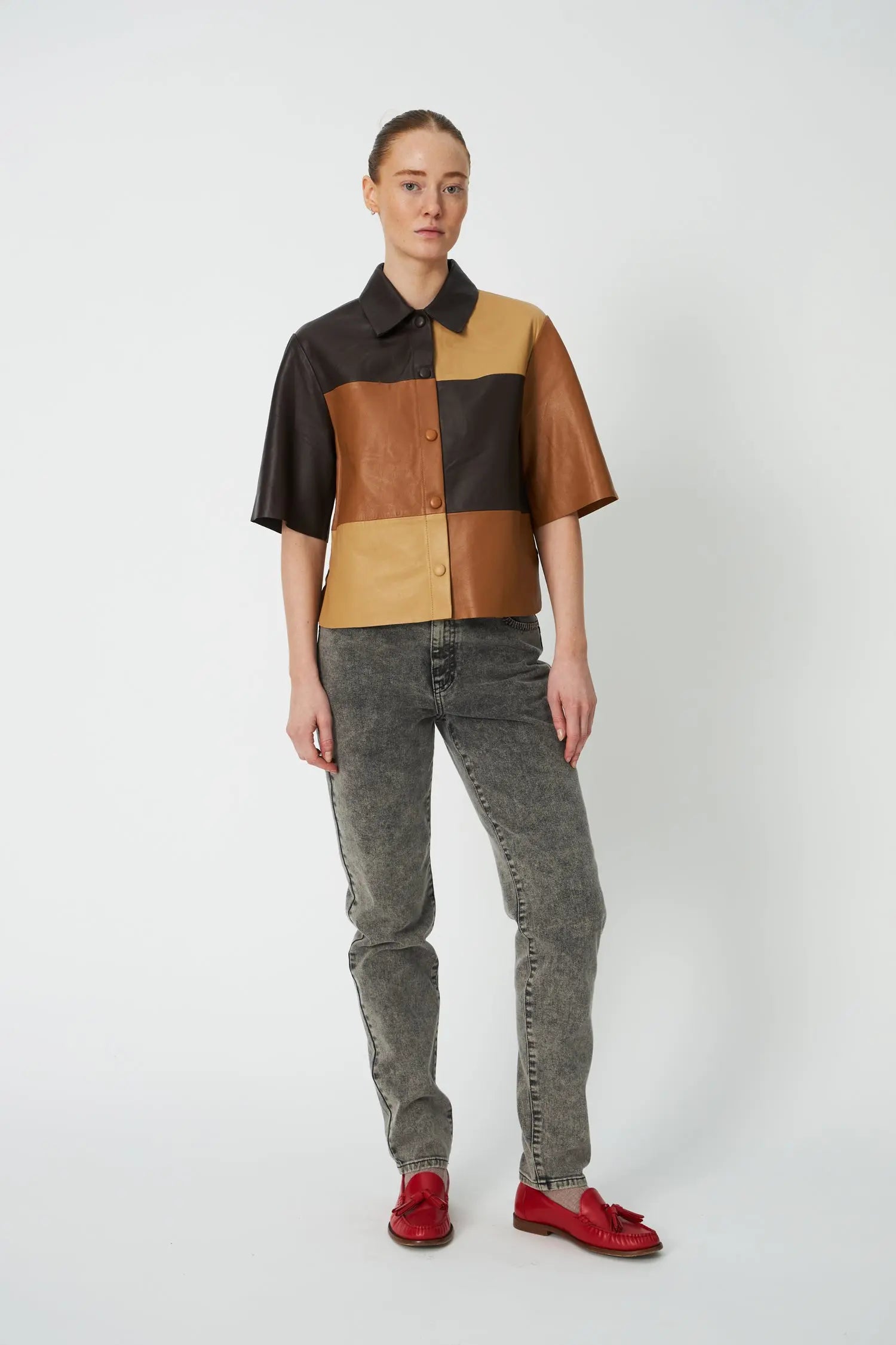 Stella Nova Patchwork Leather Shirt Shirt 846 Brown Mix