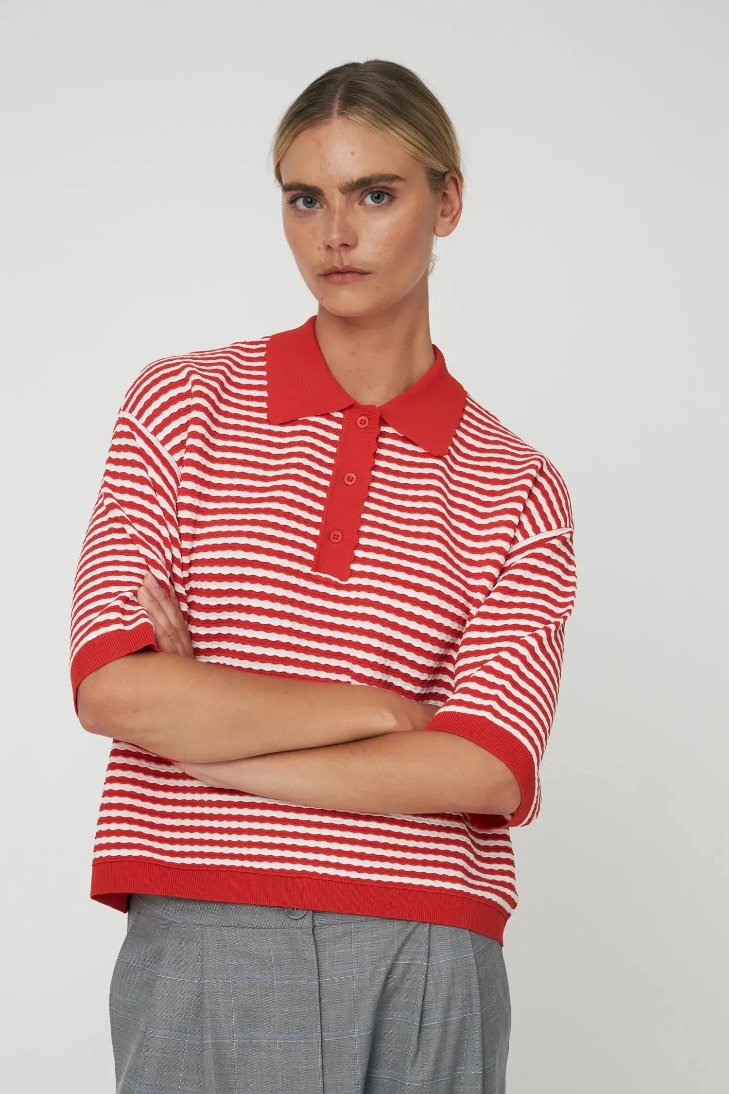 Stella Nova Polo Knit Blouse 734 Red/ Creme Stripes