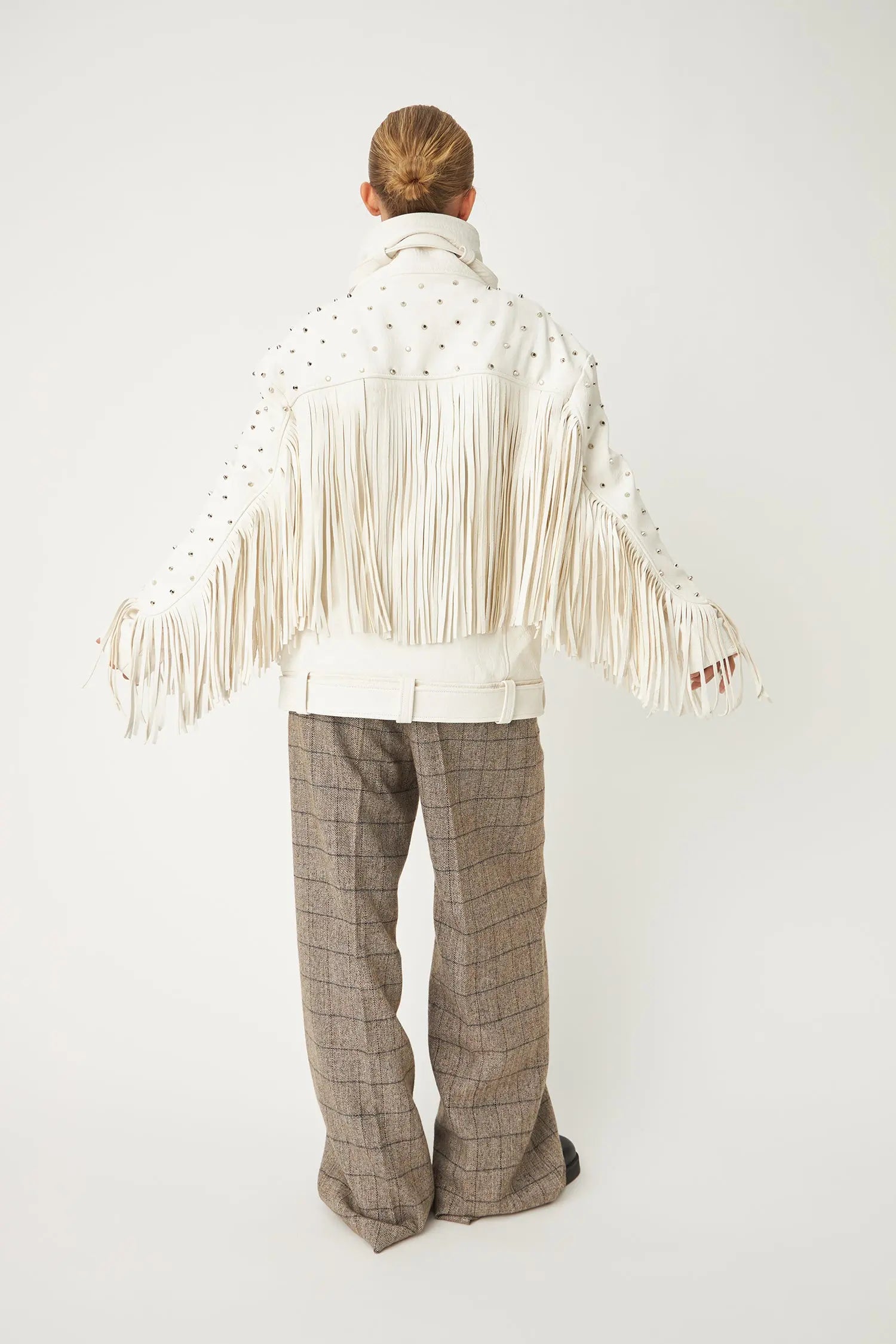 Stella Nova Rivet and Fringes Leather Jacket Leather Jacket 019 Ecru