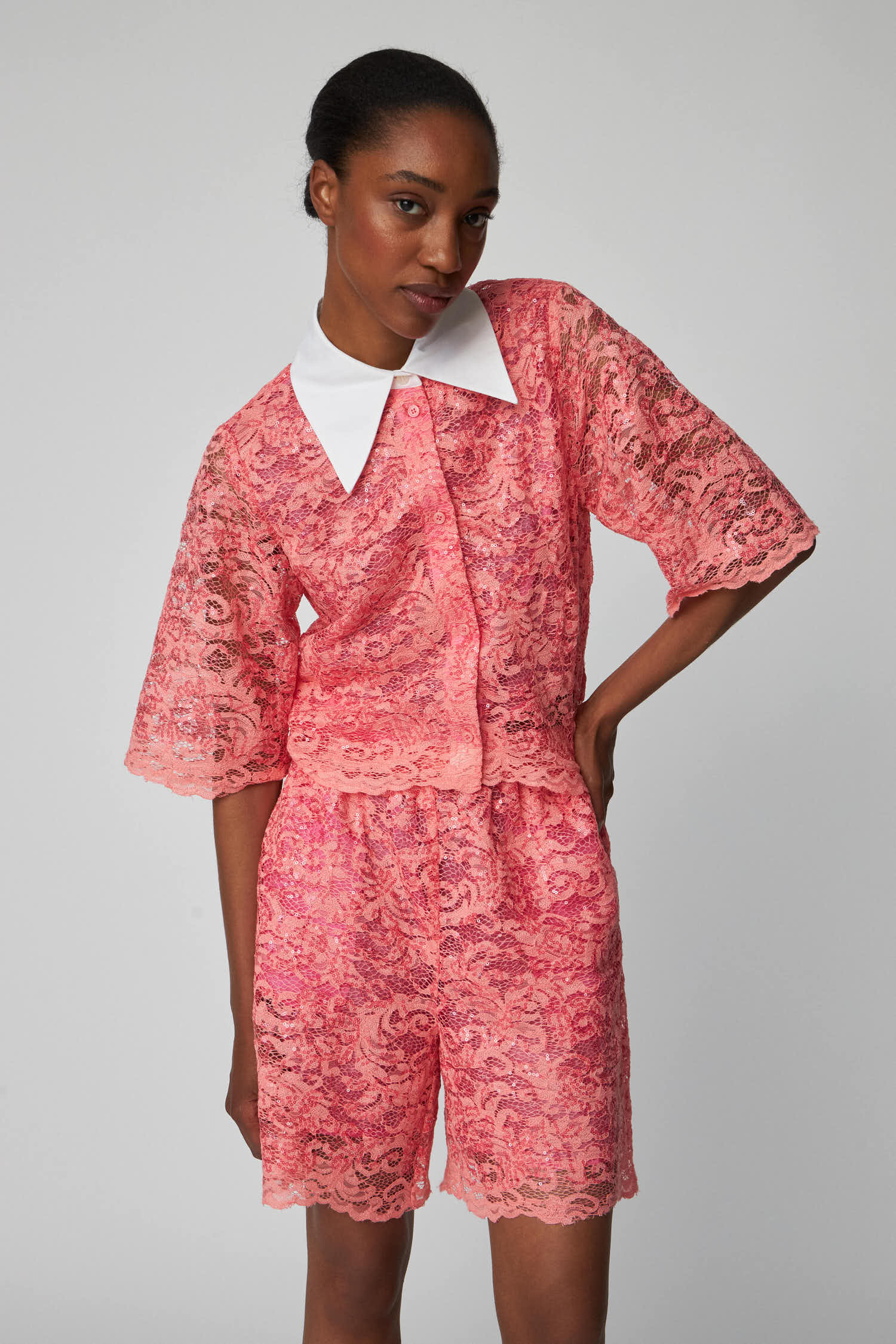 Sequined Lace Shirt - Amazing Pink 