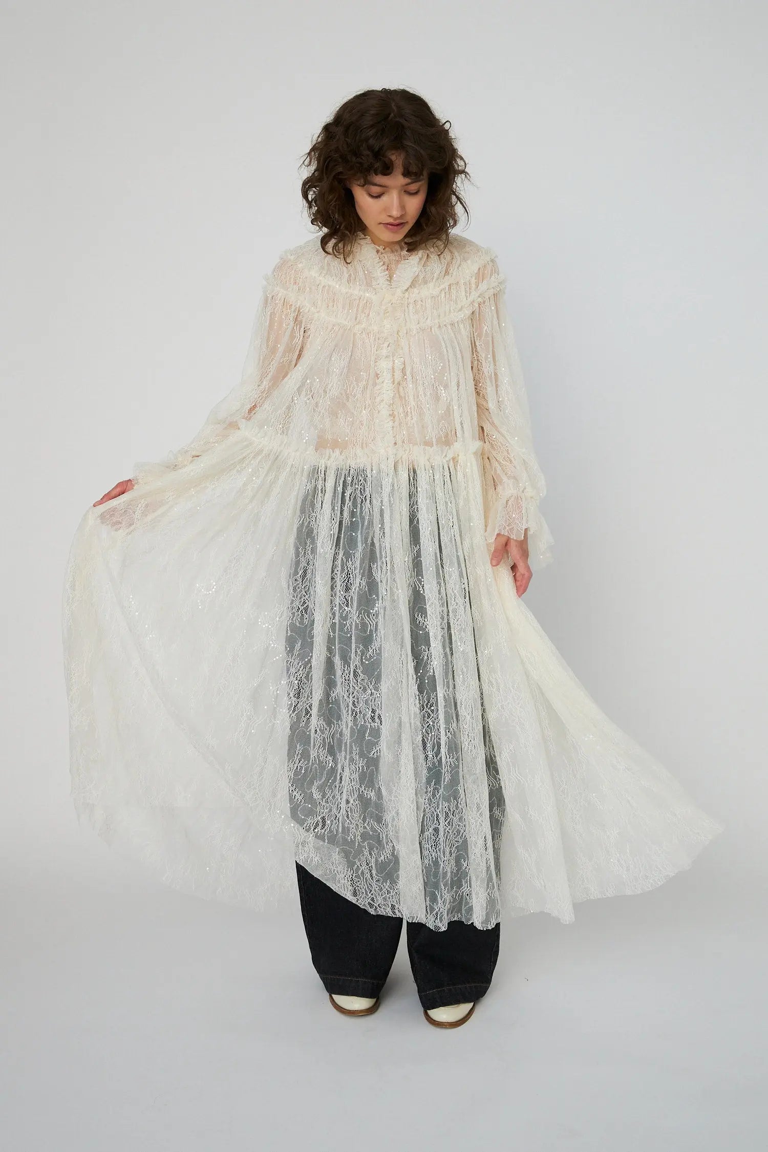 Stella Nova Sheer Lace Maxi Cape Dress Dress 029 Creme