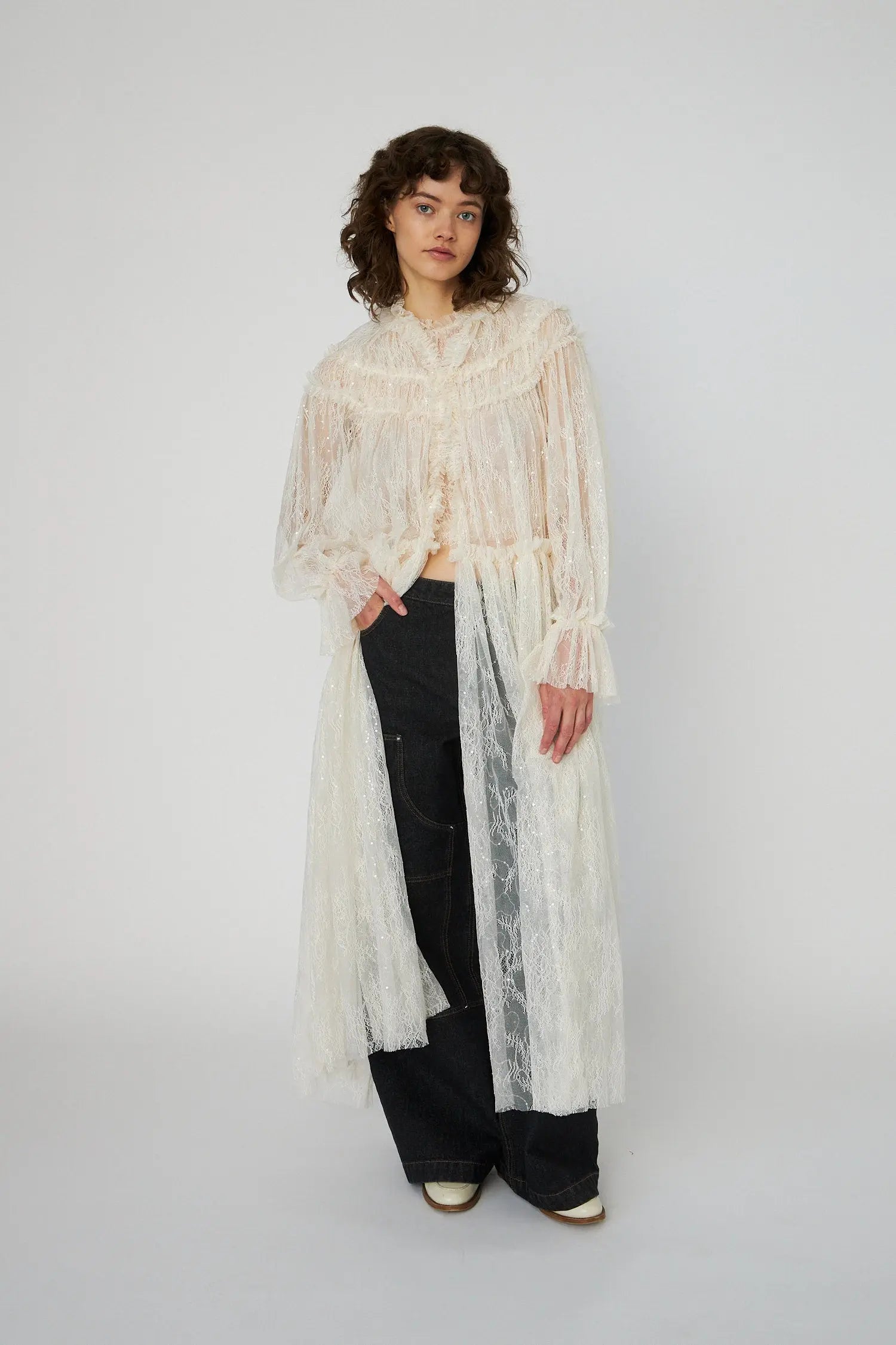 Stella Nova Sheer Lace Maxi Cape Dress Dress 029 Creme