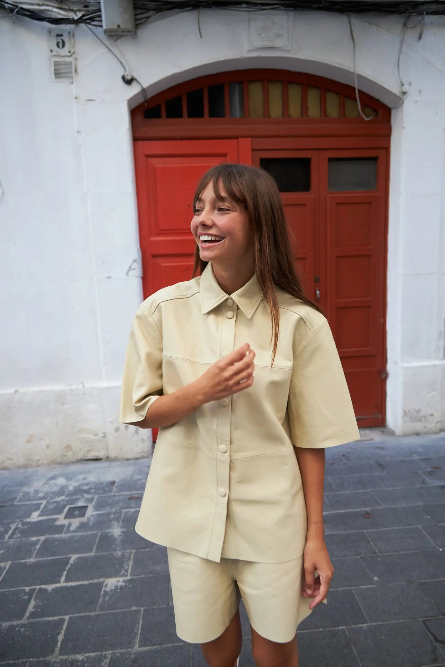 Stella Nova Soft shortsleeved leather shirt Leather Shirt 090 Sand White