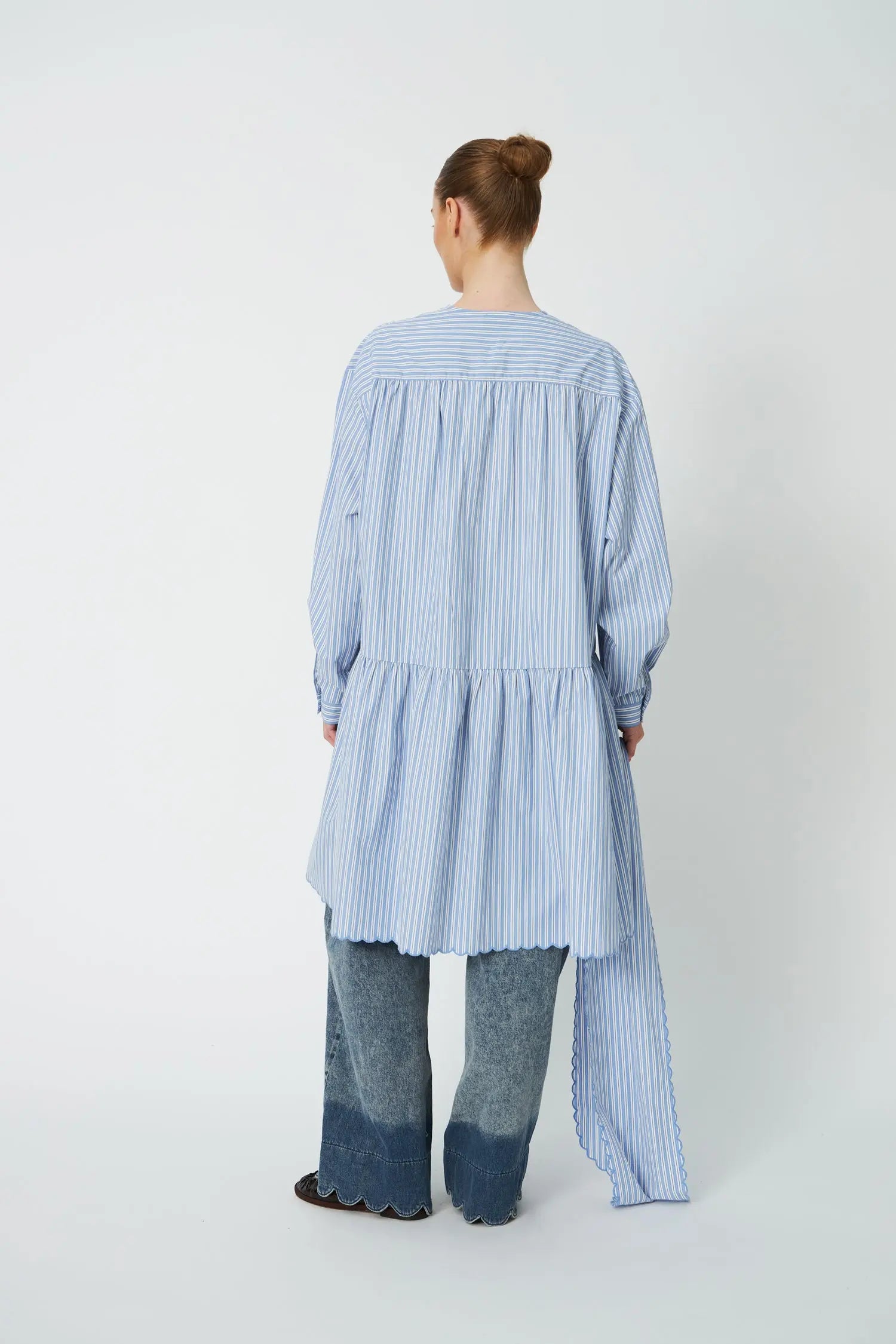 Stella Nova Striped Dress with Scallop Edges and Bow Dress 023 White with Blue Stripes