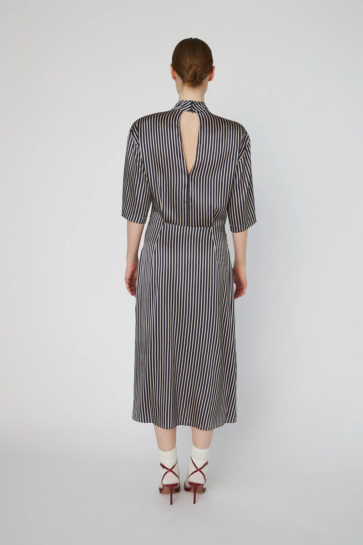 Stella Nova Striped Silk Midi Dress Dress 041 Creme Blue Stripes