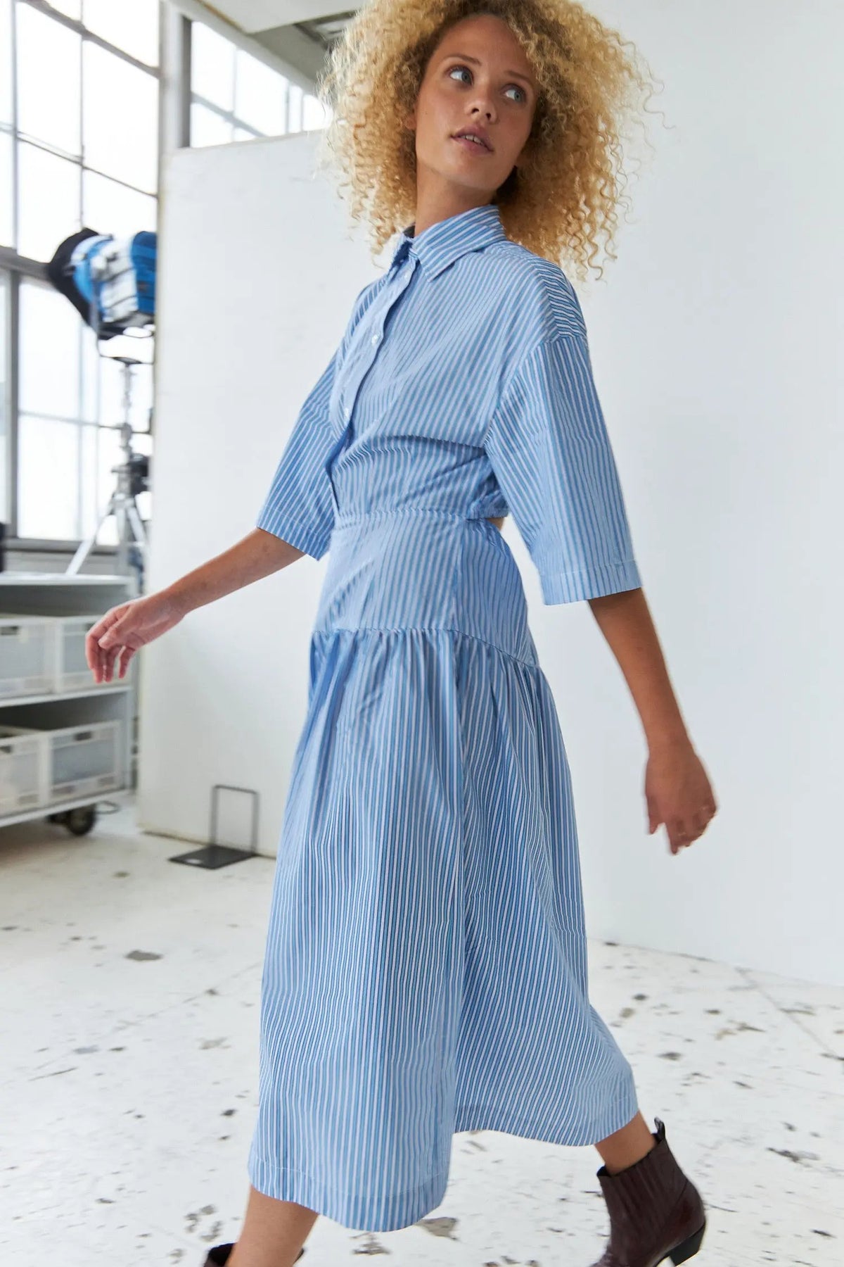 blue and white striped midi dress From All Angles & Stripe Cotton adjustable spaghetti straps Self Striped midi dress - White