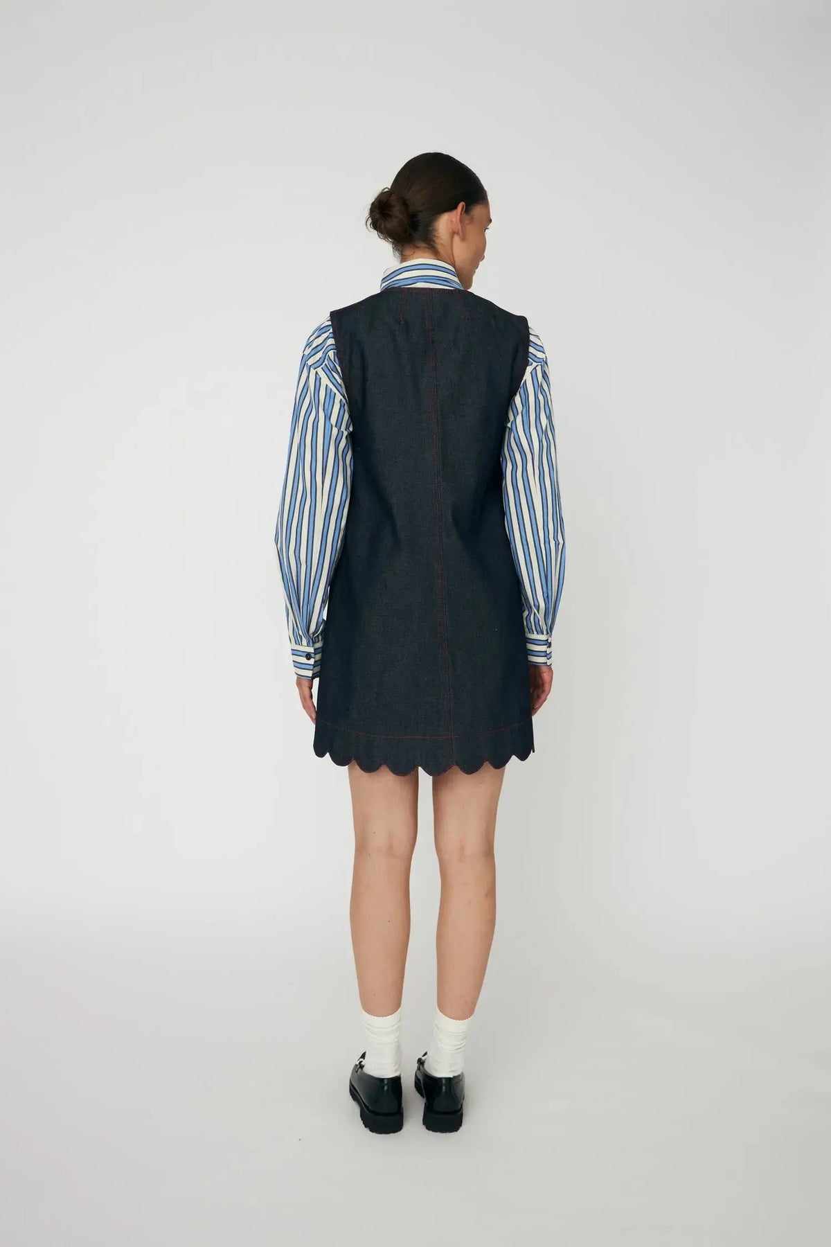 scalloped denim dress Medium Wash Denim Scalloped Trim Button Mini Dress