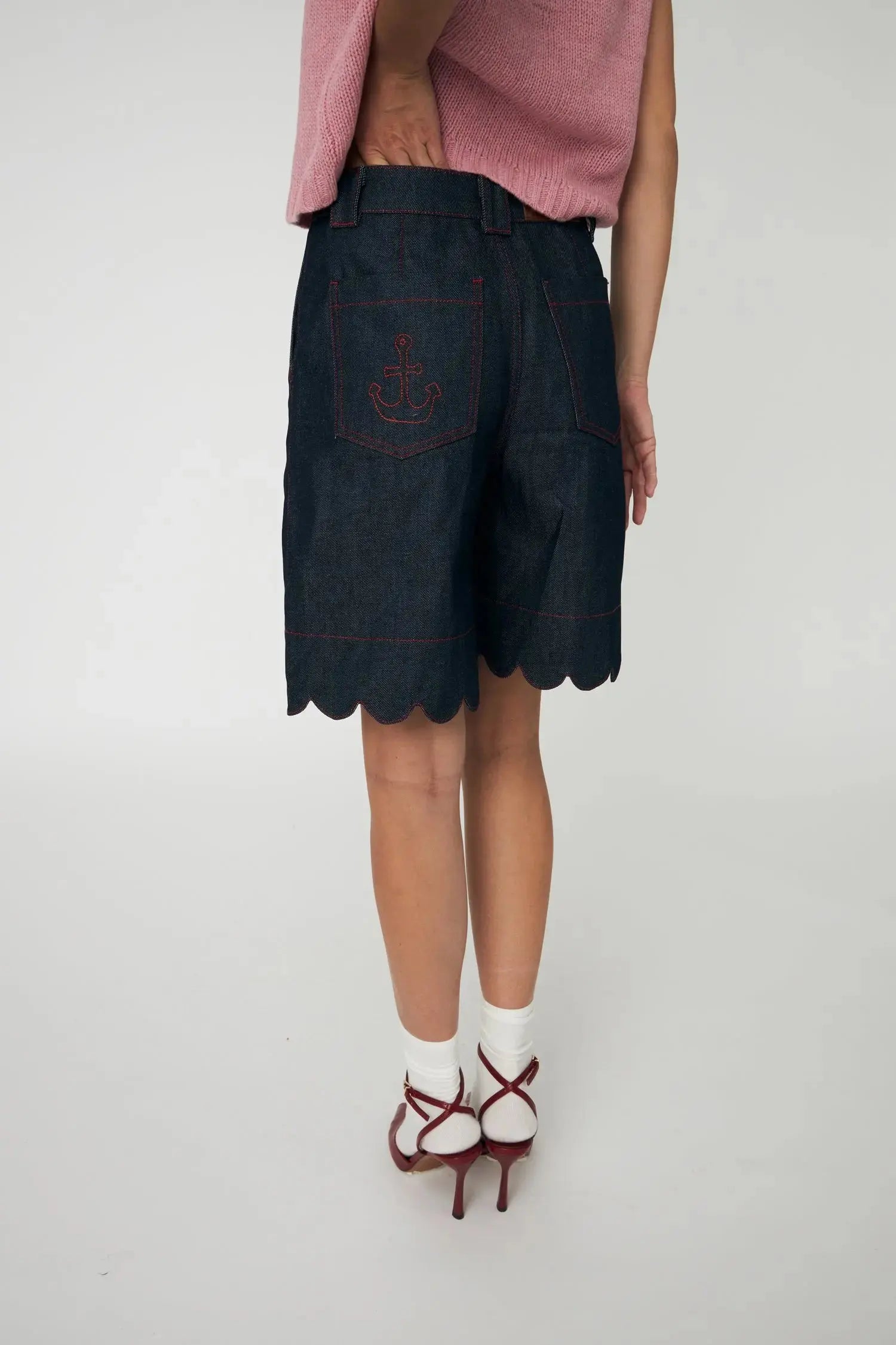 Unwashed Denim Scallop Shorts - Raw Denim
