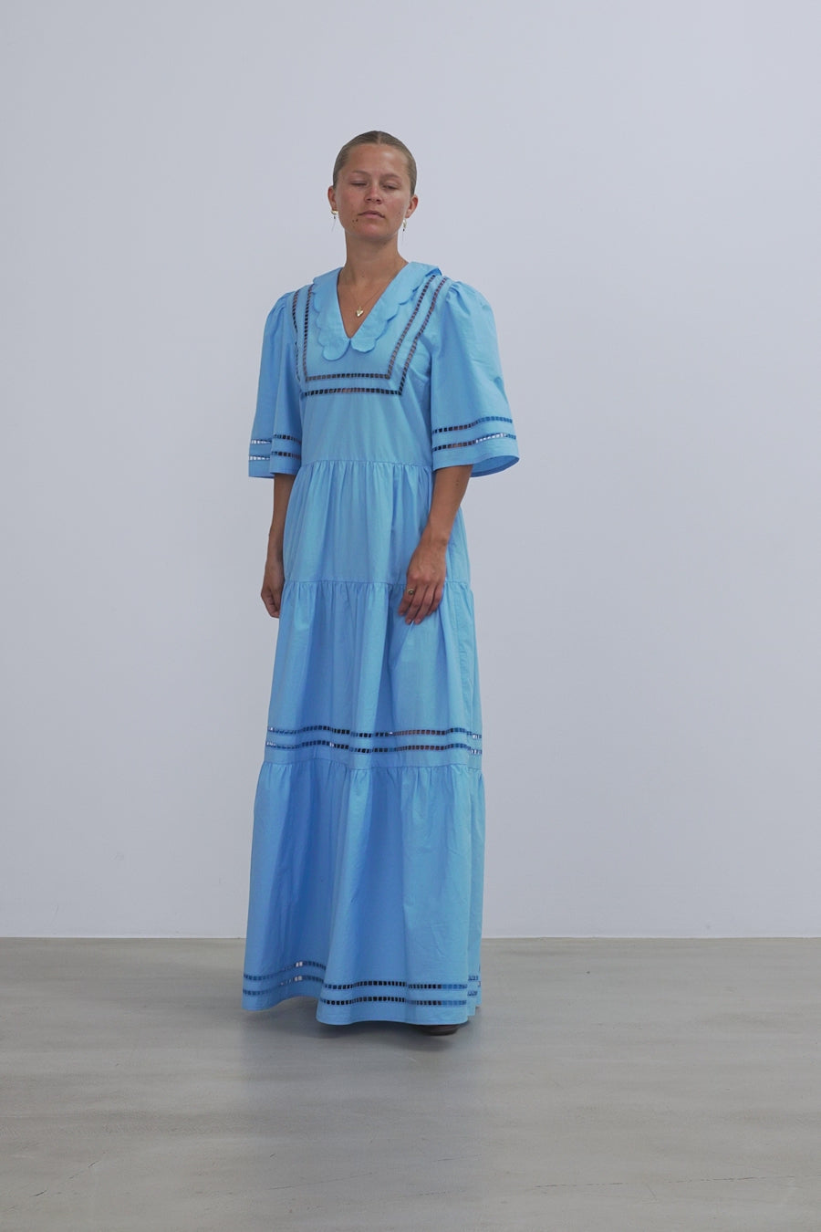 maxi dress short sleeves Mae Printed Sleeve Wrap VICI Fall Versatile Layer with a jacket or boots as seasons change Easy Care Machine washable for hassle White Short Sleeve V Neck