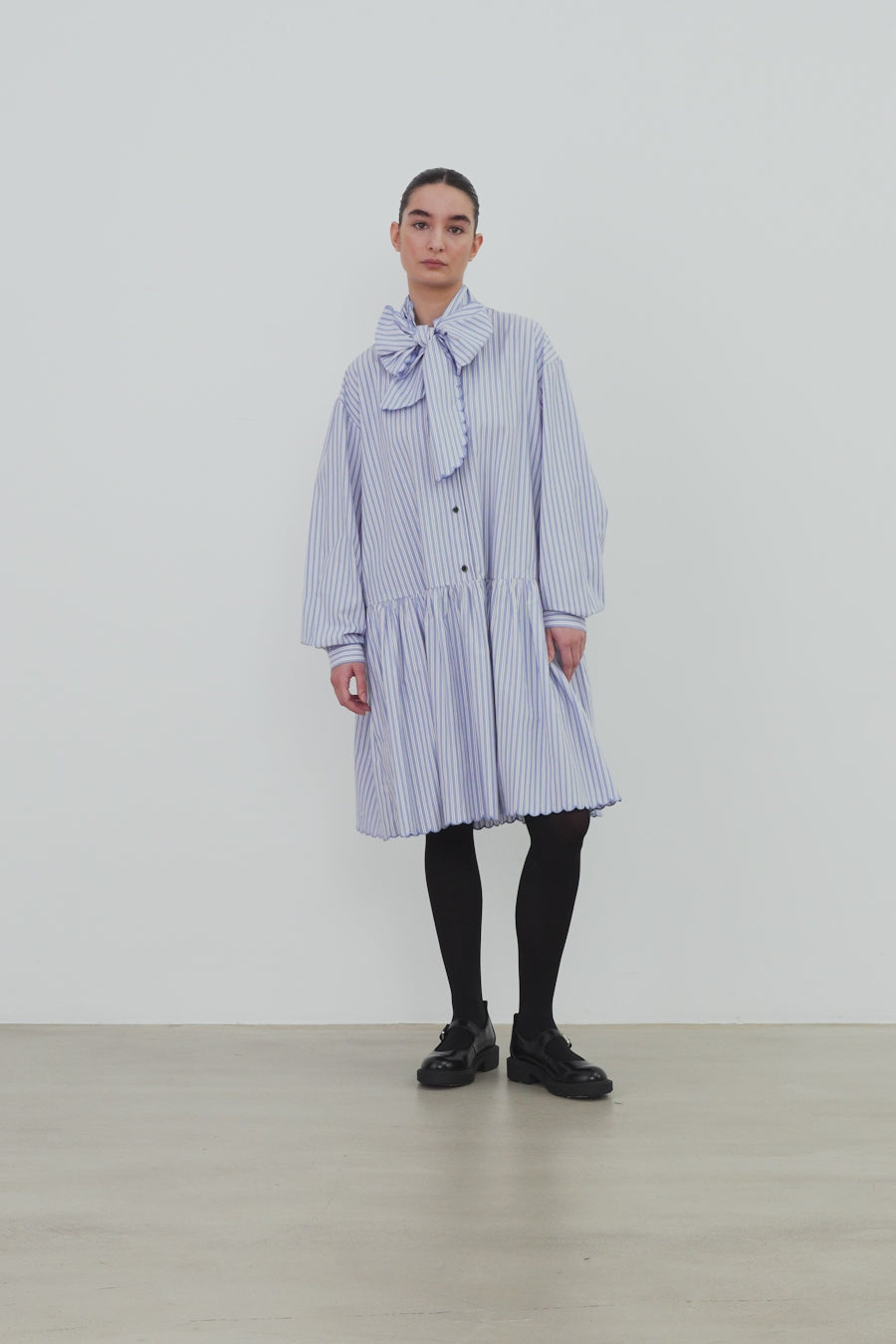 Stella Nova Striped Dress with Scallop Edges and Bow Dress 023 White with Blue Stripes