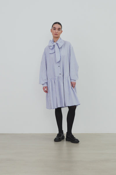 Stella Nova Striped Dress with Scallop Edges and Bow Dress 023 White with Blue Stripes