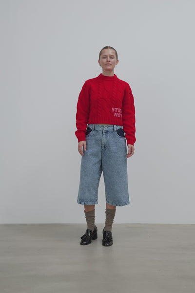 Stella Nova Cropped Cable Knit in Wool Mix Sweater 300 Blue Sea