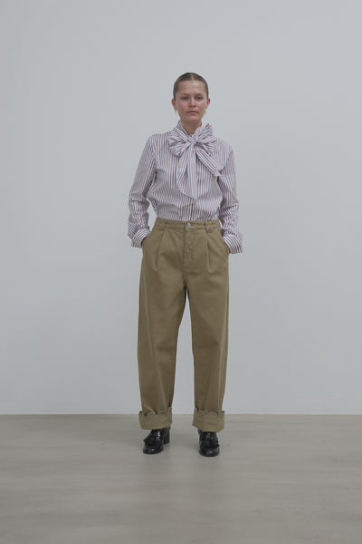 Low-Waist Cotton Pants with Scallop Edge - Dust Blue