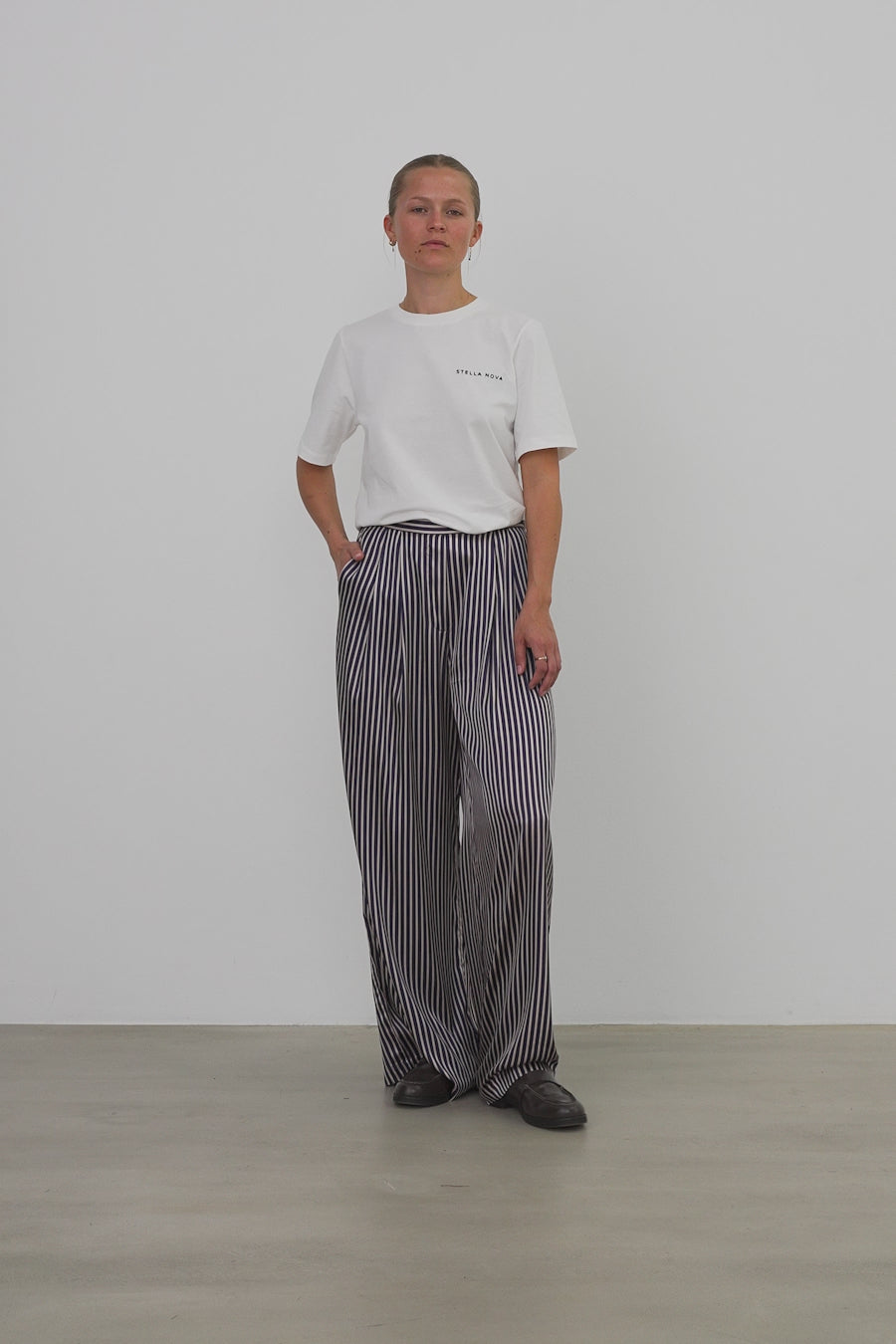 Striped Silk Mid-Waist Pants - Creme Blue Stripes