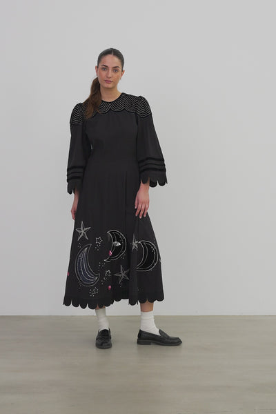 Stella Nova Moon and Star Embroidered Midi Dress Dress 999 Black