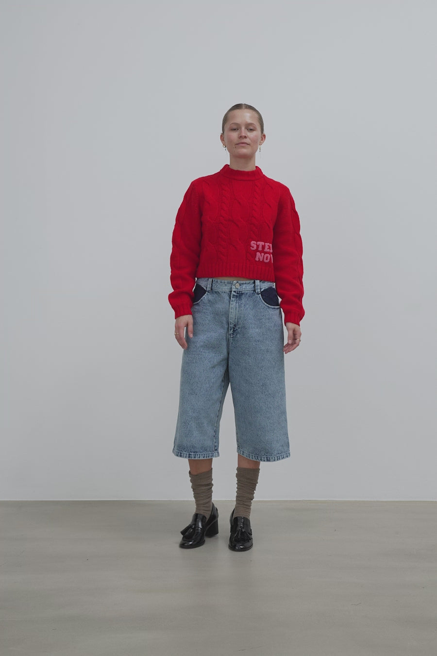 Stella Nova Cropped Cable Knit in Wool Mix Sweater 685 Deep Red