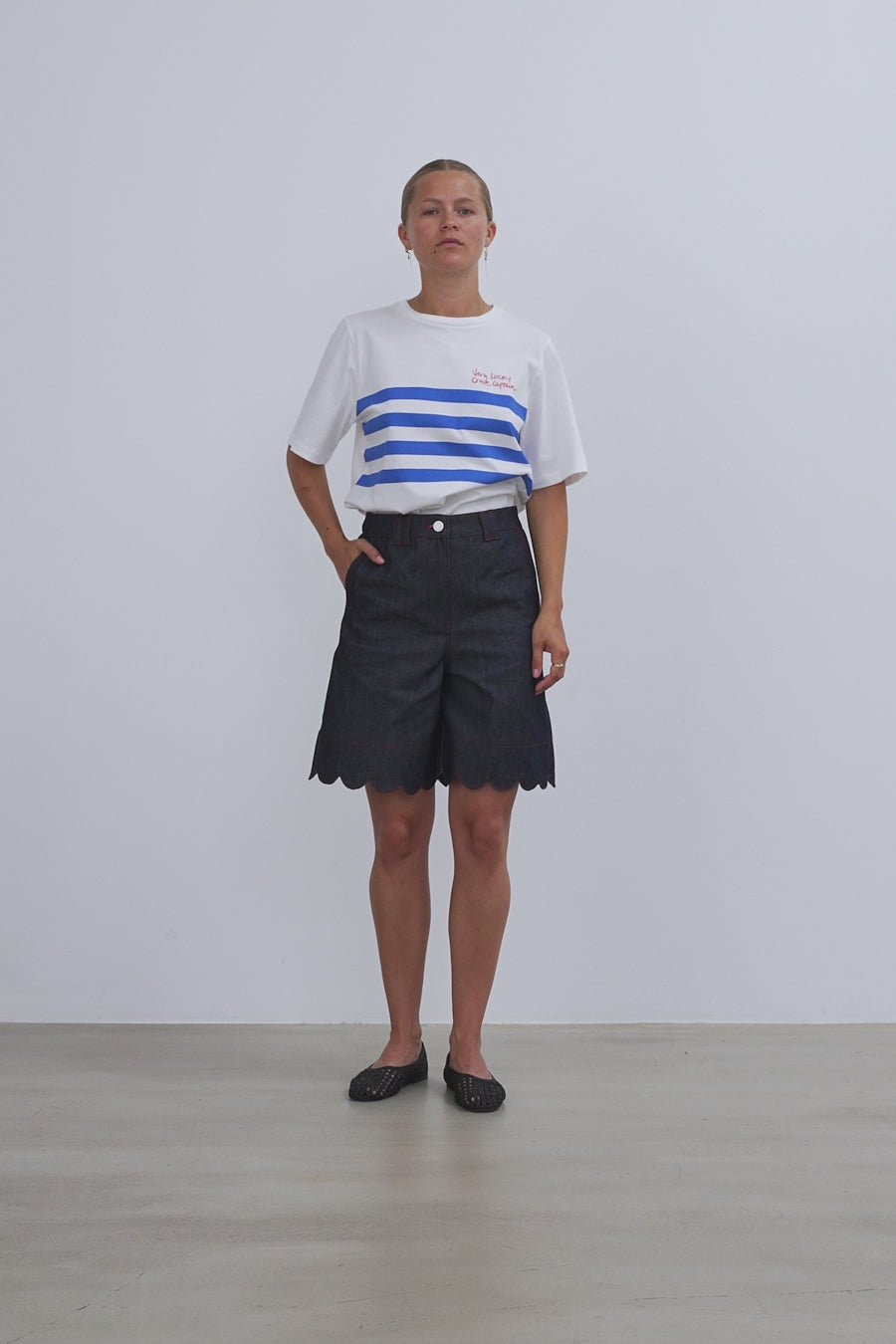 Unwashed Denim Scallop Shorts - Raw Denim