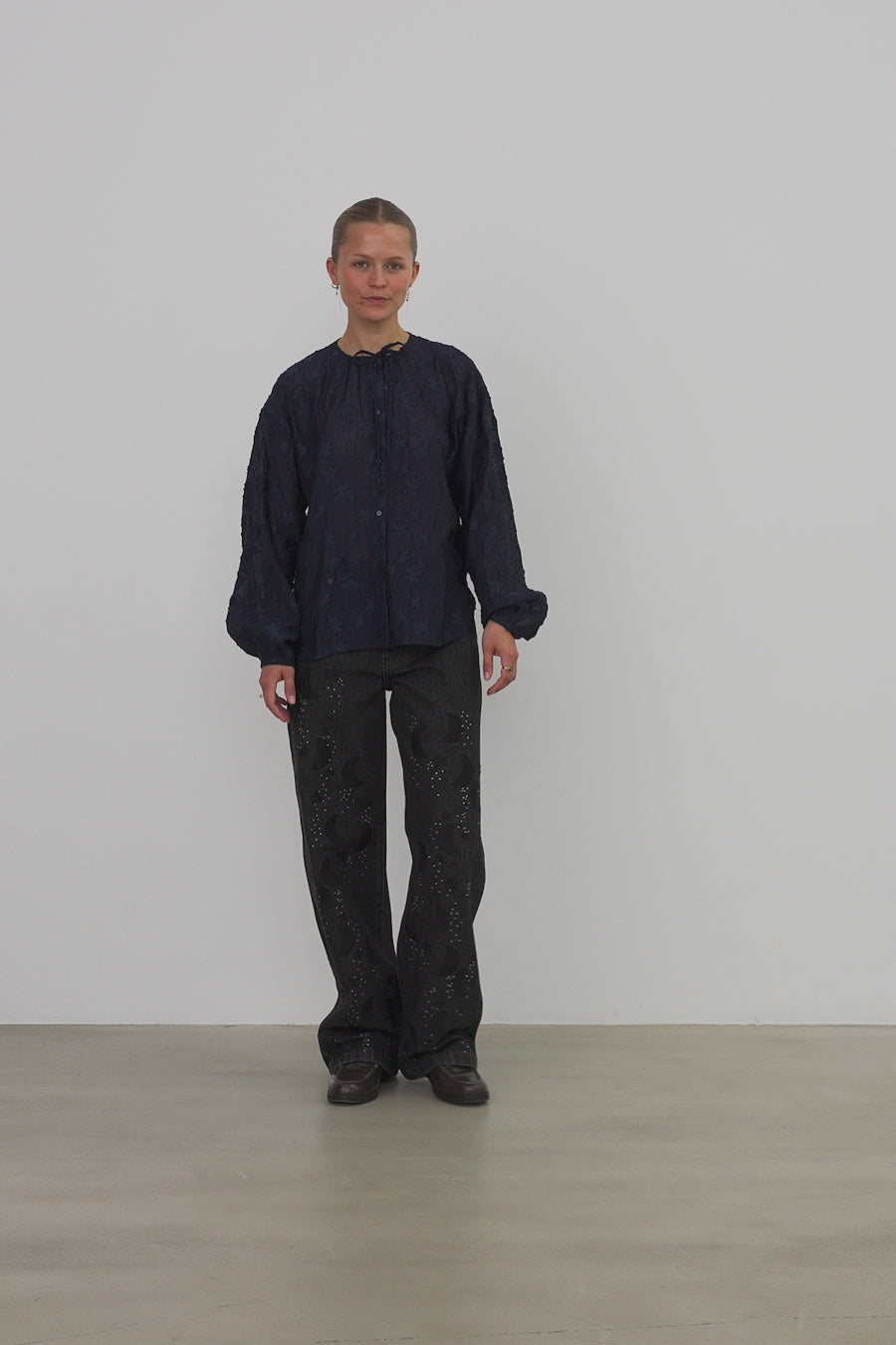 Stella Nova Flower Jacquard Loose Shirt Shirt 395 Navy