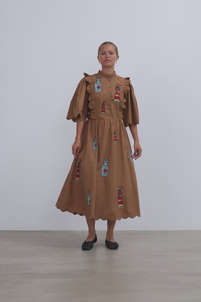 Stella Nova Embroidered Midi dress with Scallops Dress 869 Brown