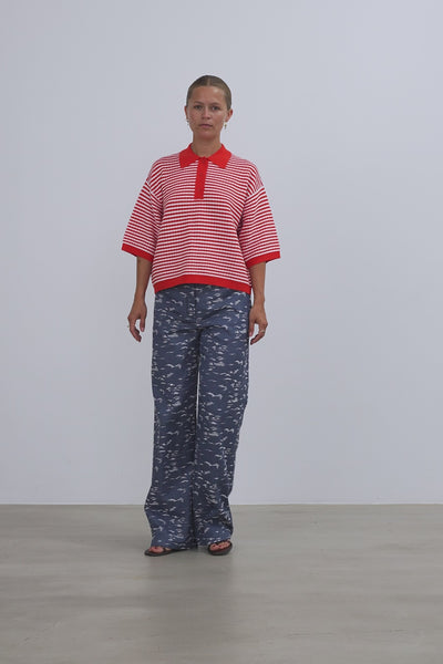 Stella Nova Polo Knit Blouse 734 Red/ Creme Stripes